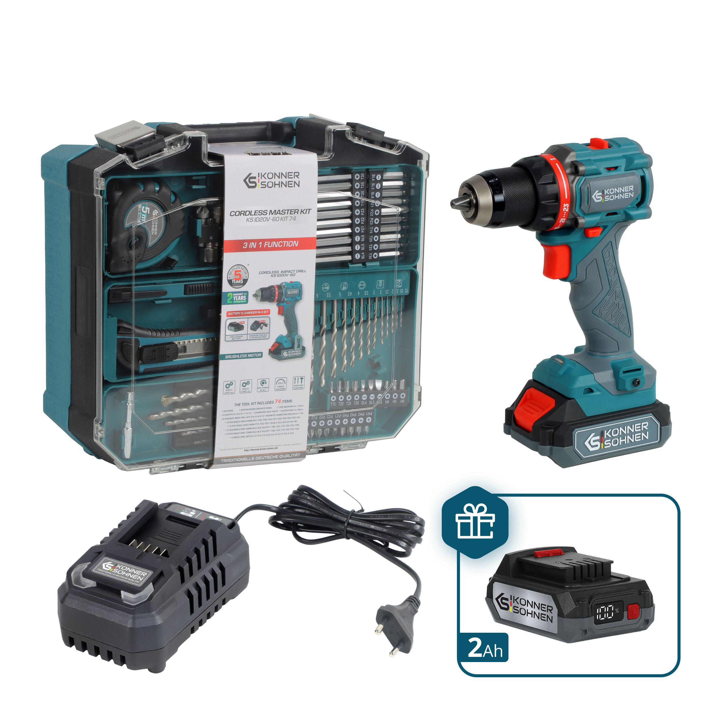 Könner & Söhnen K&S BASIC KS ID20V-60 Perceuse sans fil 20V 60Nm Kit 74