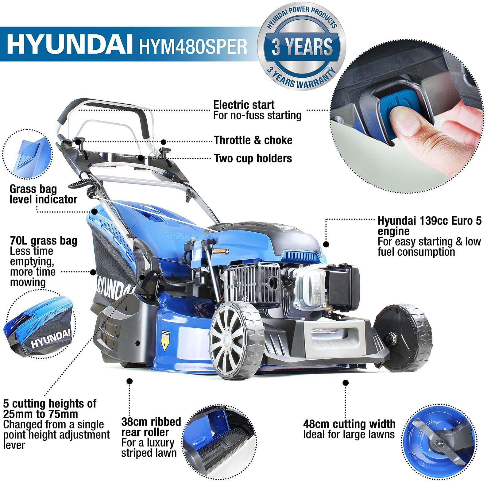 Hyundai HYM480SPER tondeuse essence autopropulsée 48 cm 70 L