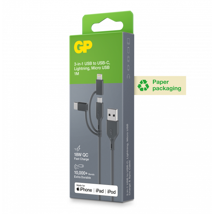 POWERTEC câble USB-A 3 en 1 USB-C Lightning 18W