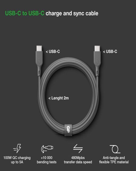 Powertec Câble USB-C 100W 2m charge rapide MacBook PD