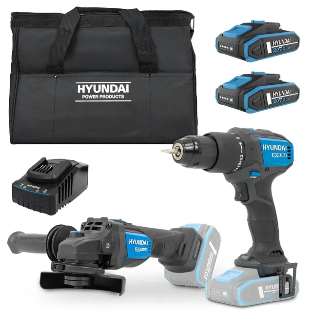 Hyundai kit outils 20V perceuse 60Nm meuleuse 115mm 2 batteries