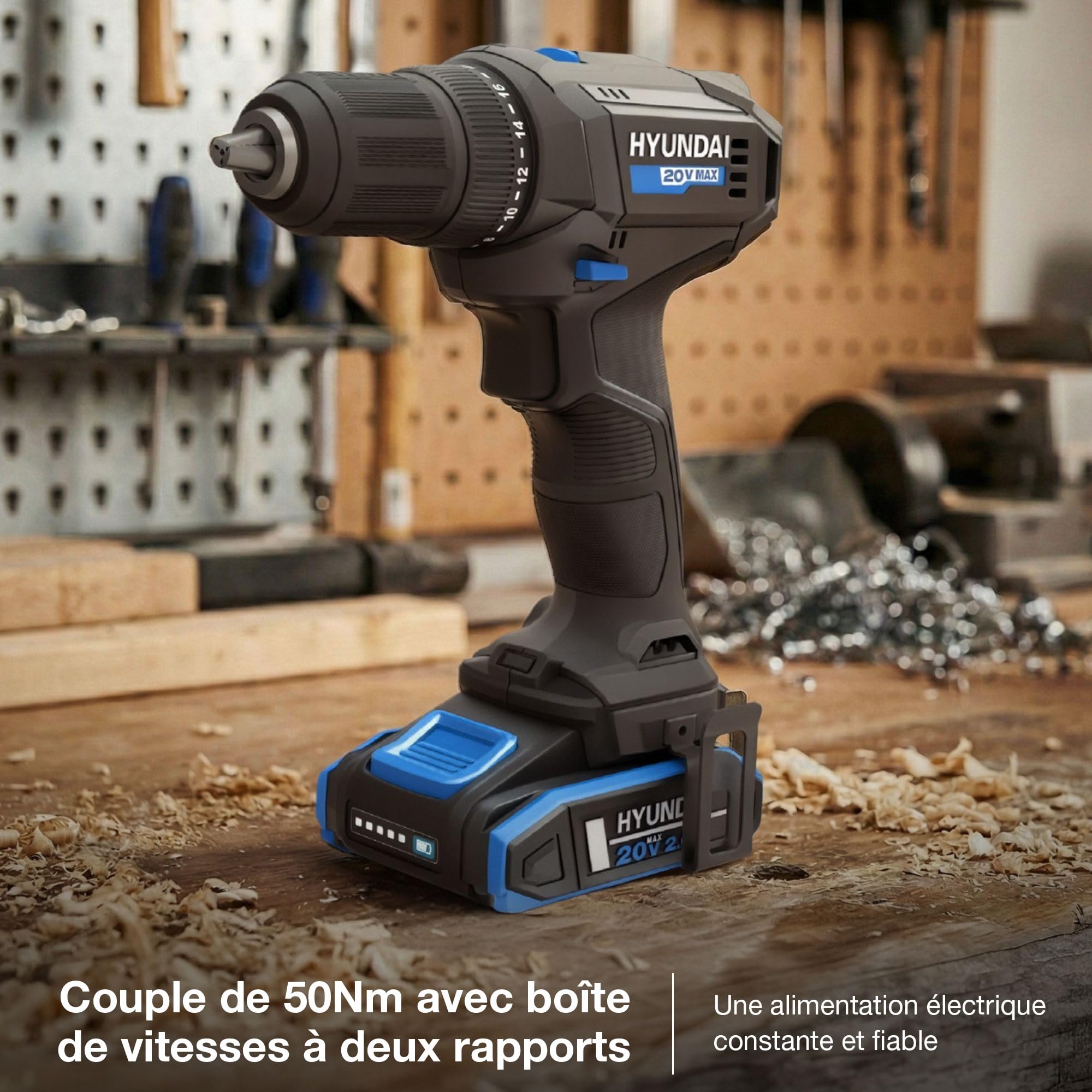 Hyundai Power Tools Perceuse visseuse percussion 20V 50Nm + kit 75