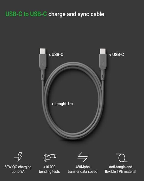 Powertec Câble USB-C vers USB-C 60W 1m charge rapide