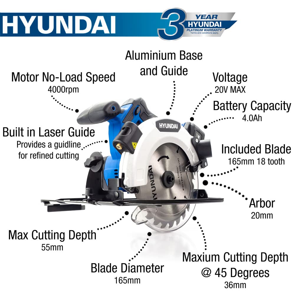 Hyundai Power Tools HY2183 scie circulaire 20V 165 mm + 4Ah