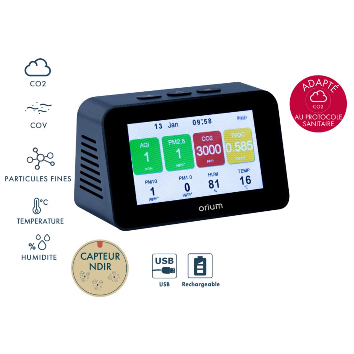 Orium Quaelis 34 mesureur air CO2 PM2.5 écran LCD