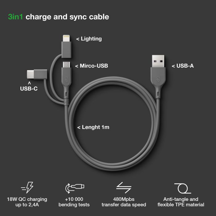 POWERTEC câble USB-A 3 en 1 USB-C Lightning 18W