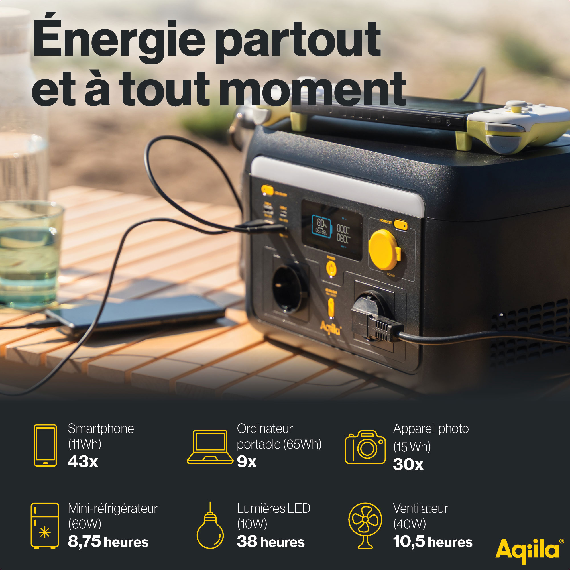 POWERTEC S1000V2 Station d'énergie portable 1000W 614Wh