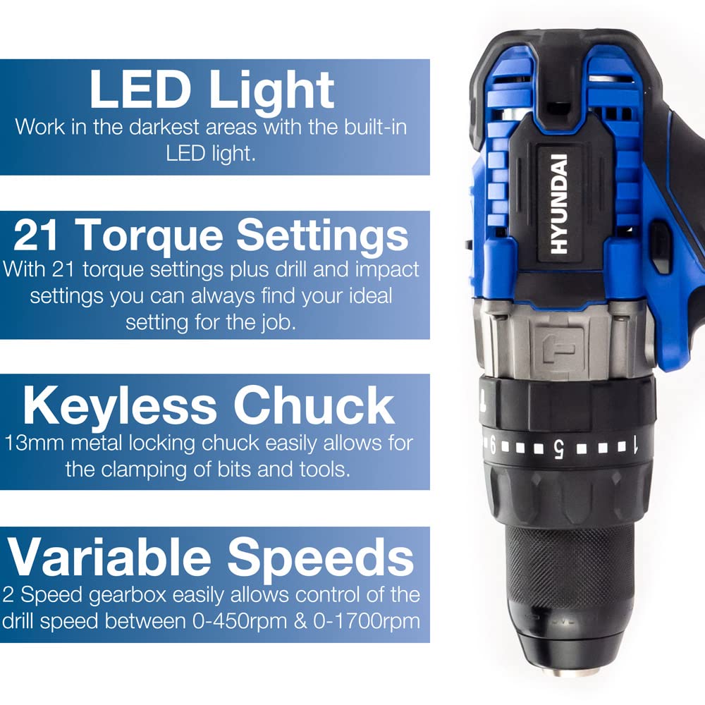 Hyundai perceuse visseuse 20V MAX Li-ion kit 13 pièces