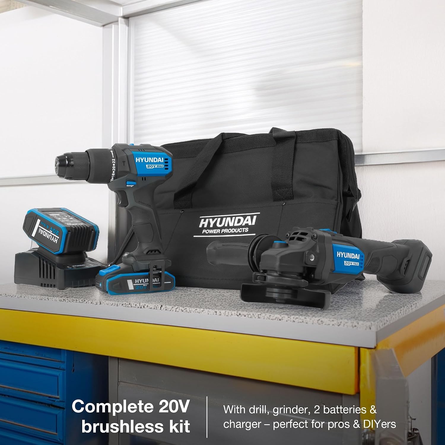Hyundai kit outils 20V perceuse 60Nm meuleuse 115mm 2 batteries