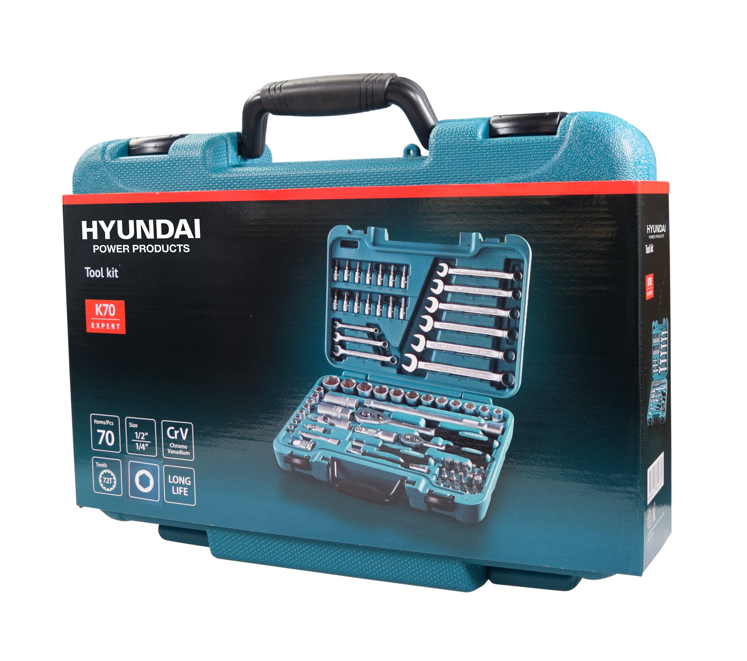 Hyundai K70 coffret douilles 70 pièces chrome-vanadium 1/2 1/4