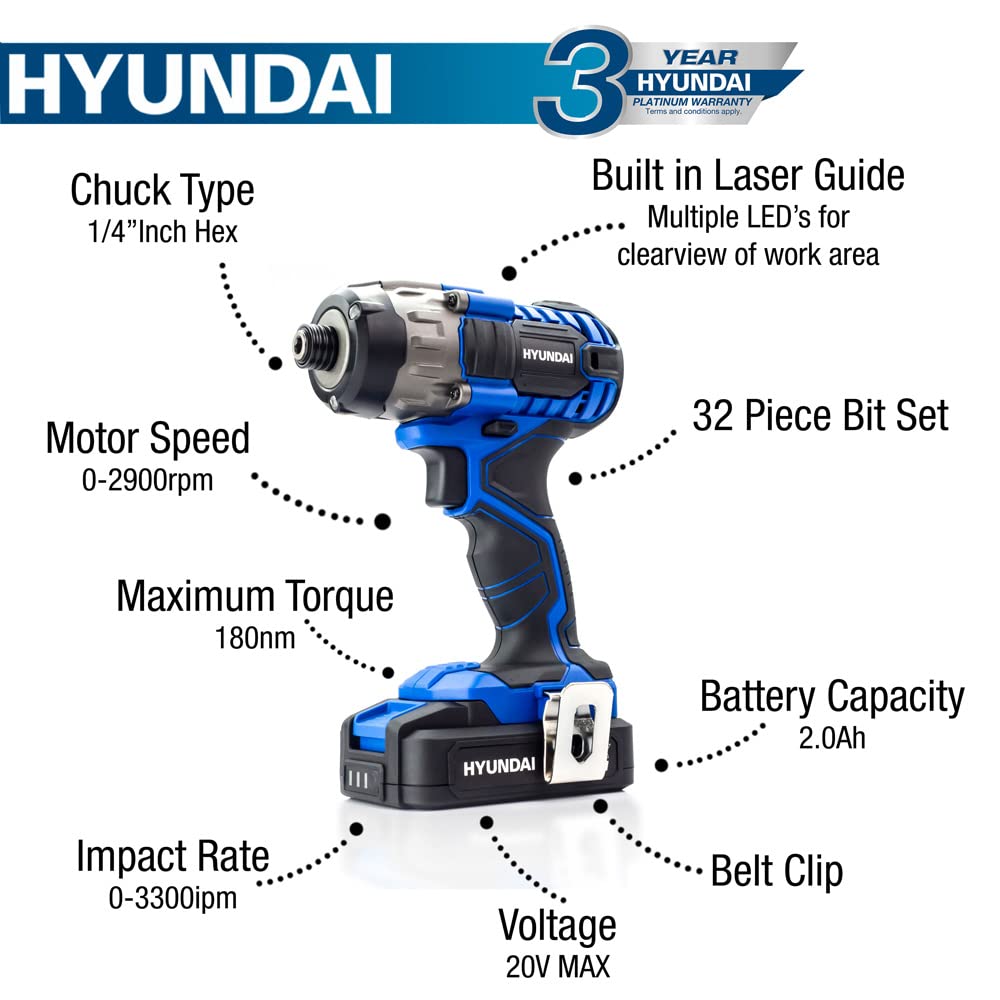 Hyundai 20V MAX visseuse à percussion 180 Nm 32 pièces bleue