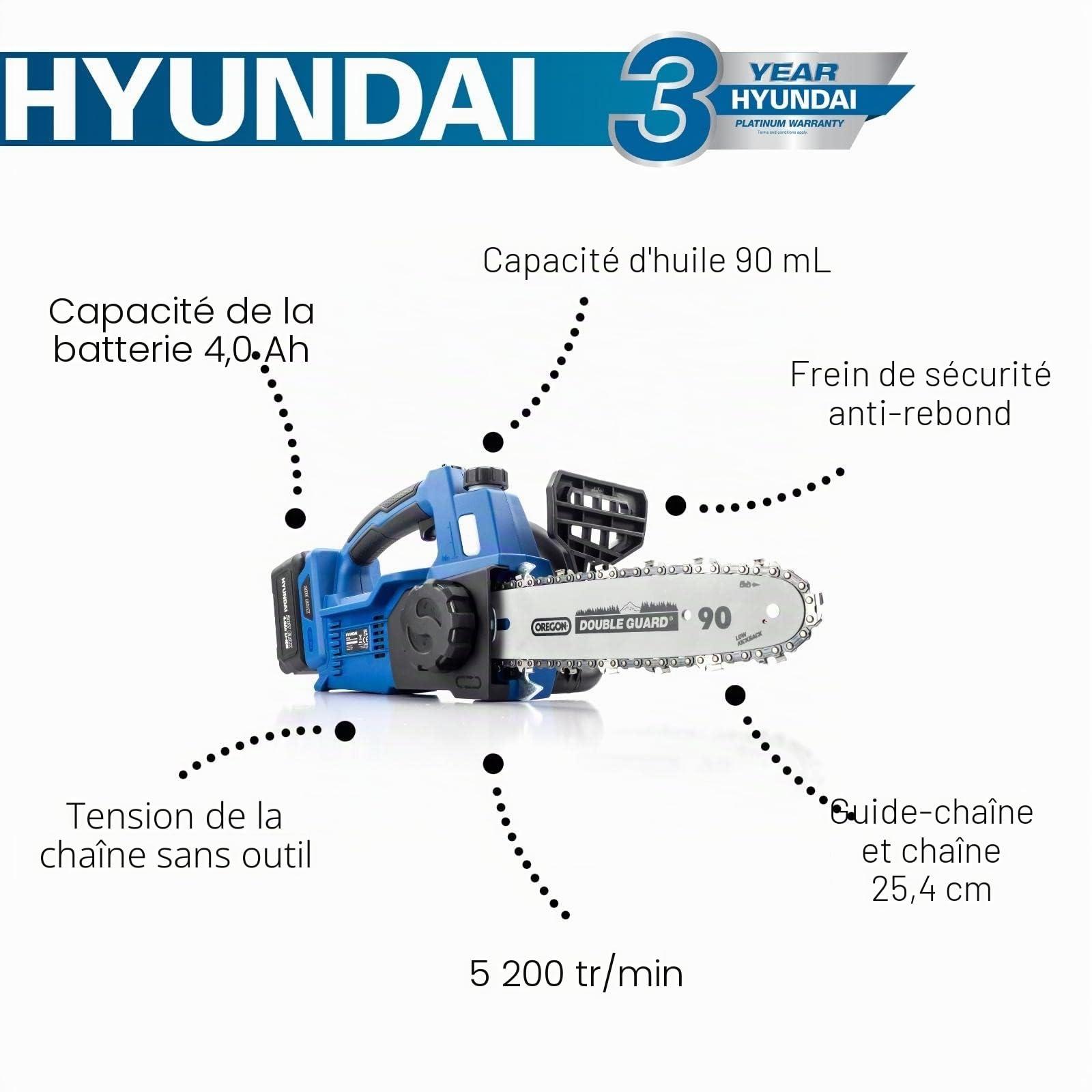 Hyundai HY2190 tronçonneuse sans fil 20 V 25 cm 4 Ah