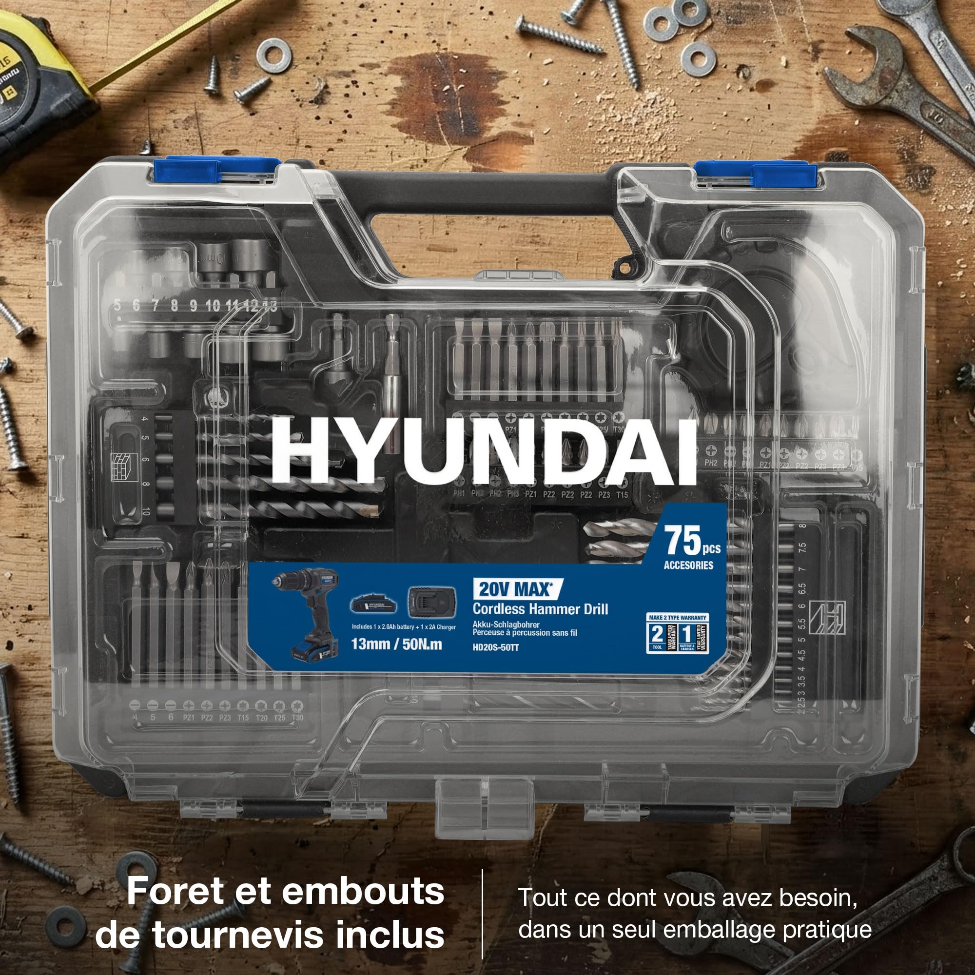 Hyundai Power Tools Perceuse visseuse percussion 20V 50Nm + kit 75