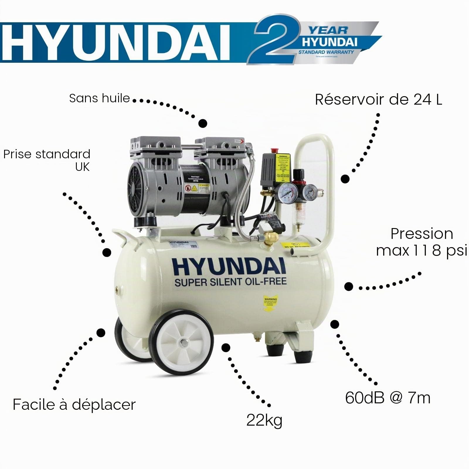 Hyundai HY7524 compresseur d’air 24 L 750 W sans huile