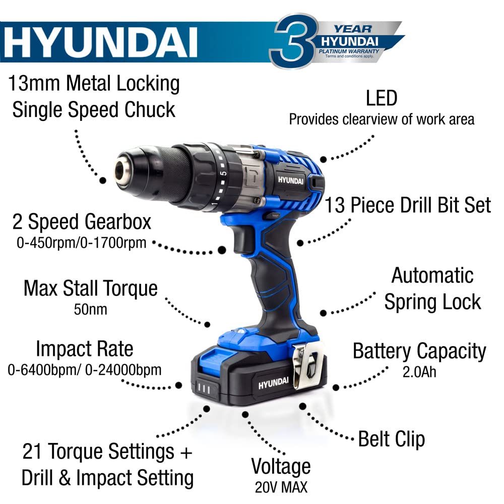 Hyundai perceuse visseuse 20V MAX Li-ion kit 13 pièces