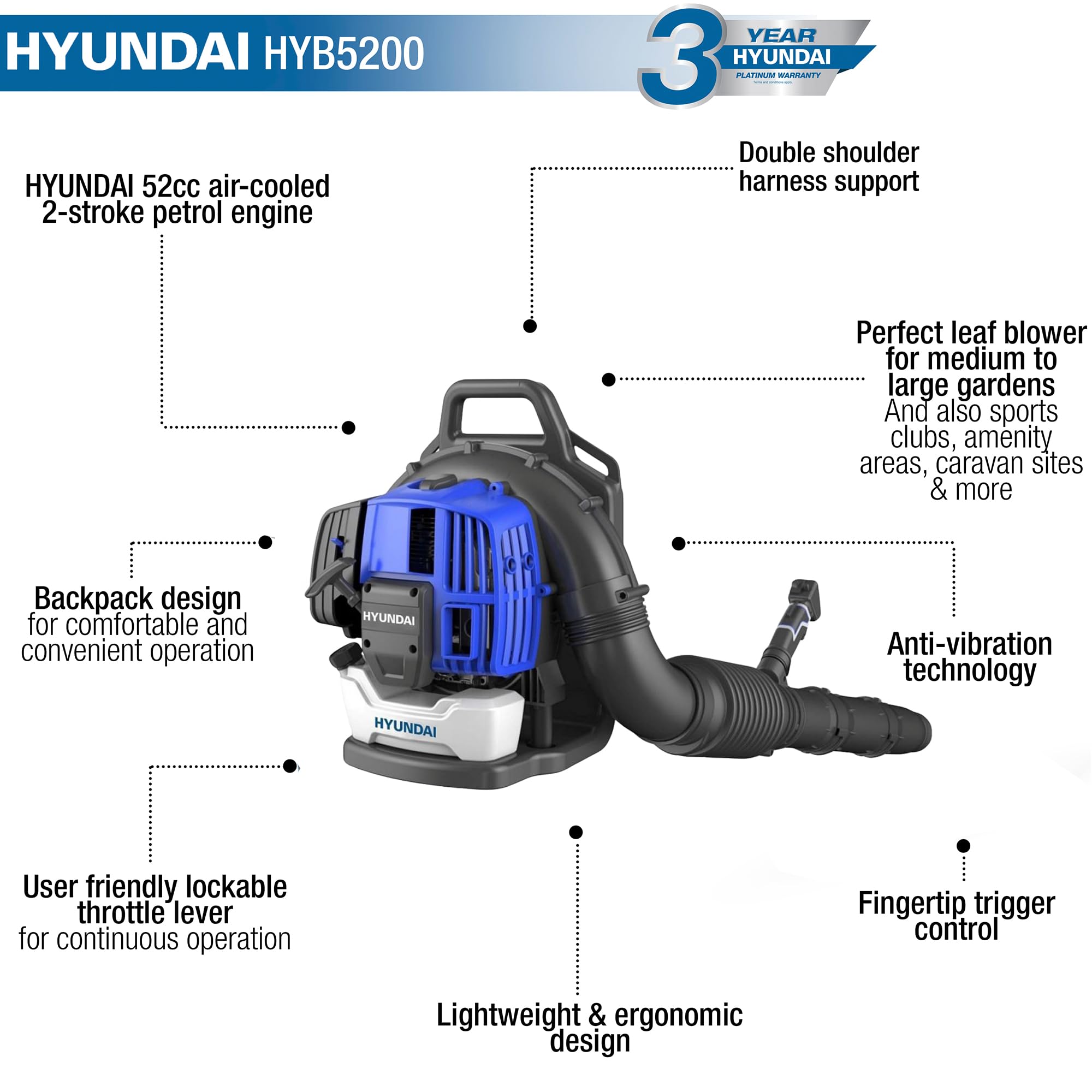 Hyundai HYB5200 souffleur dos essence 52 cc bleu