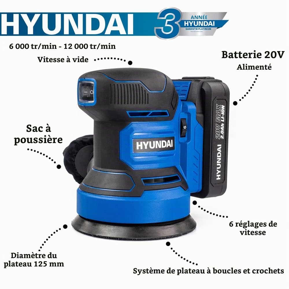 Hyundai HY2180 ponceuse excentrique 20V 2Ah + 12 disques 125 mm