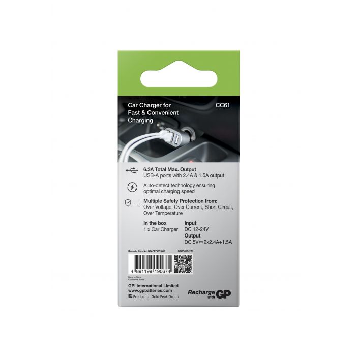 POWERTEC chargeur allume-cigare triple 3x USB-A 6,3A
