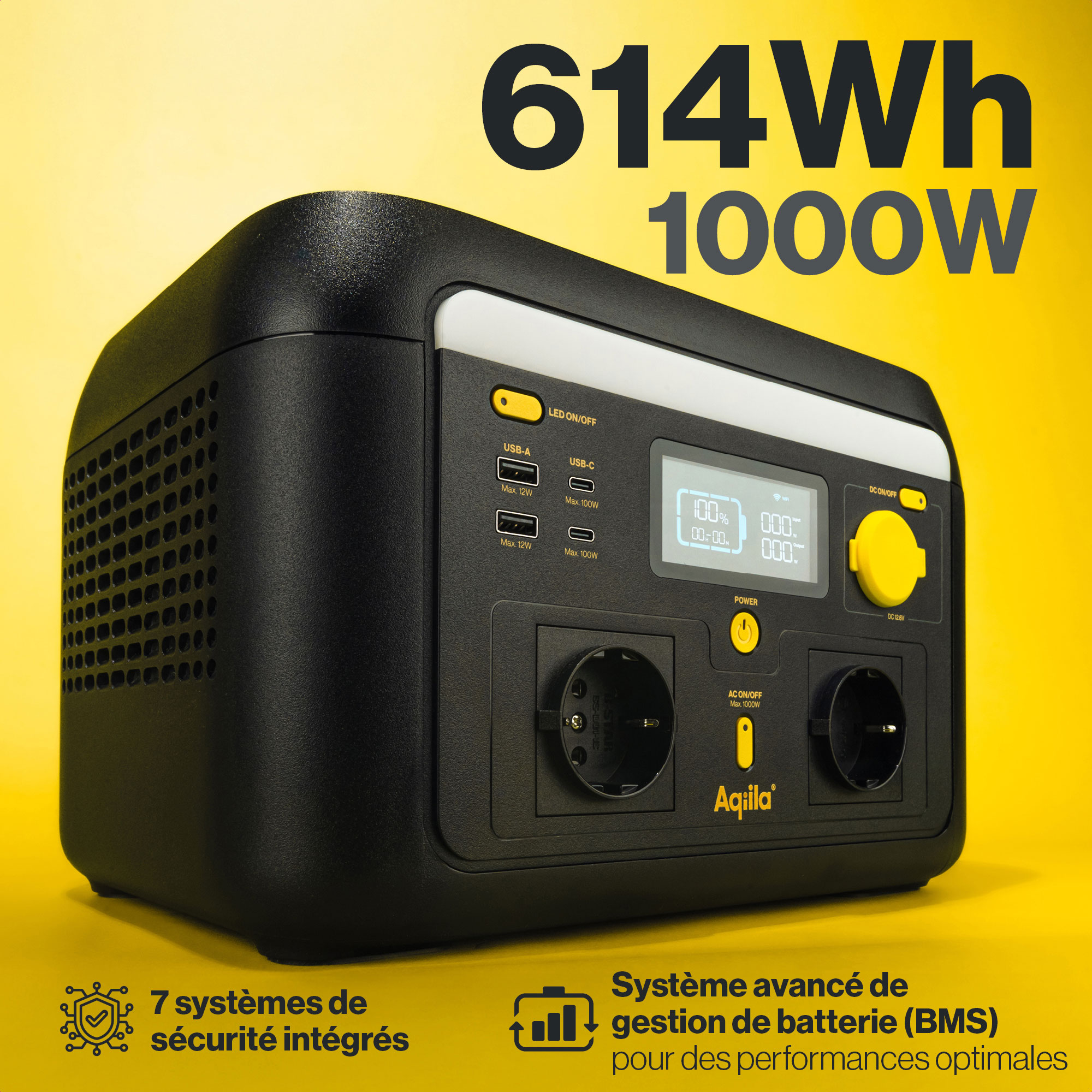 POWERTEC S1000V2 Station d'énergie portable 1000W 614Wh