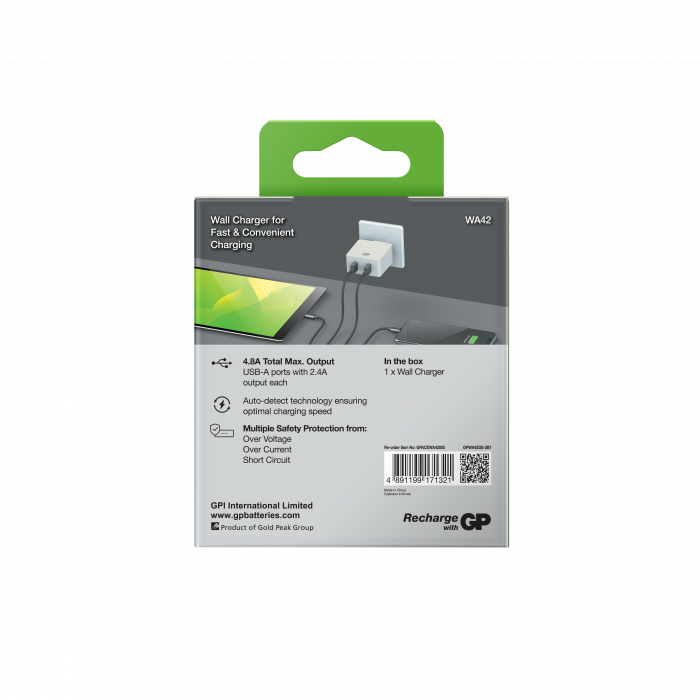 Powertec chargeur secteur double USB-A 2x2,4A mural