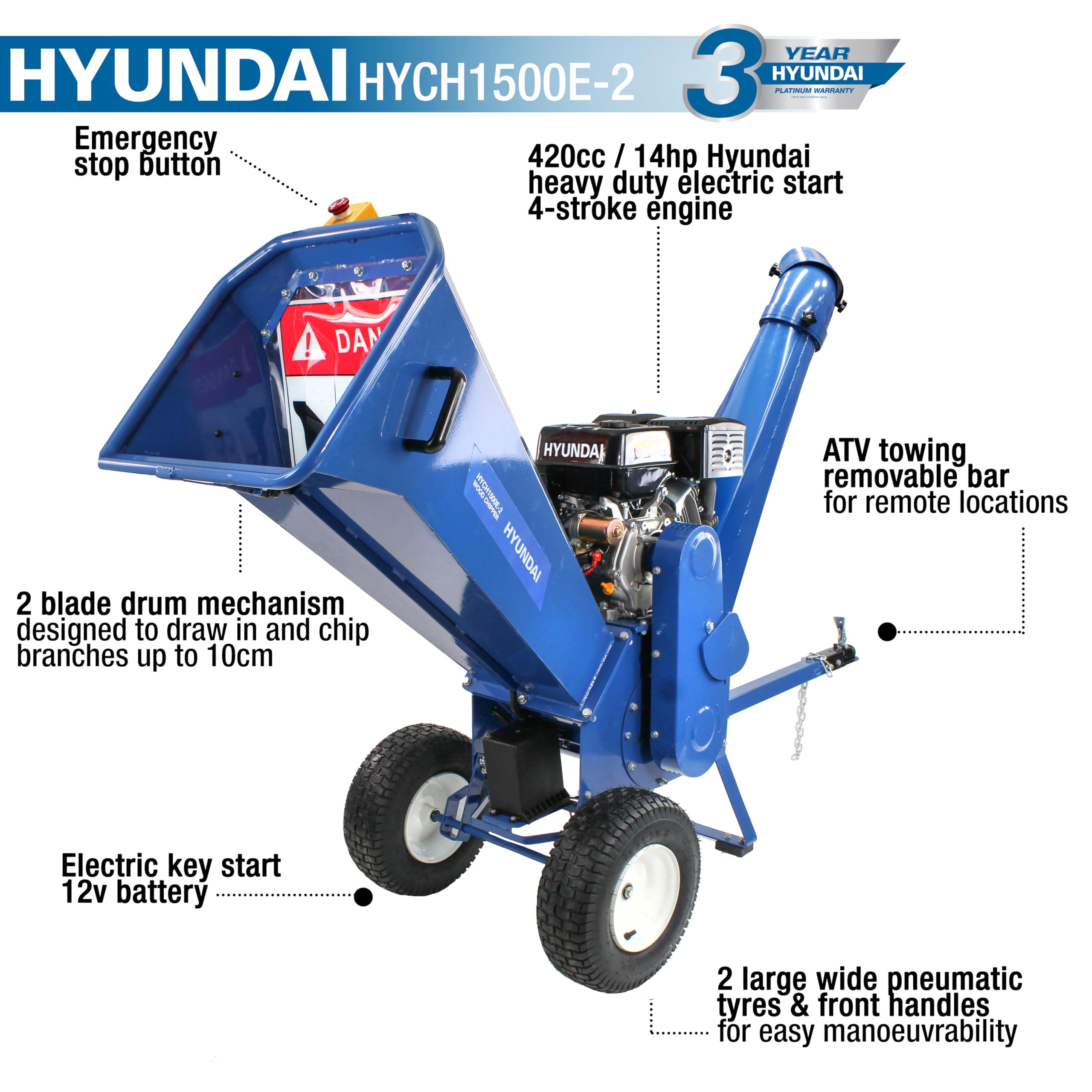 Hyundai Garden Tools broyeur bois essence 420cc 14HP 10 cm