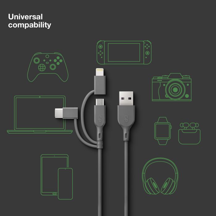 POWERTEC câble USB-A 3 en 1 USB-C Lightning 18W