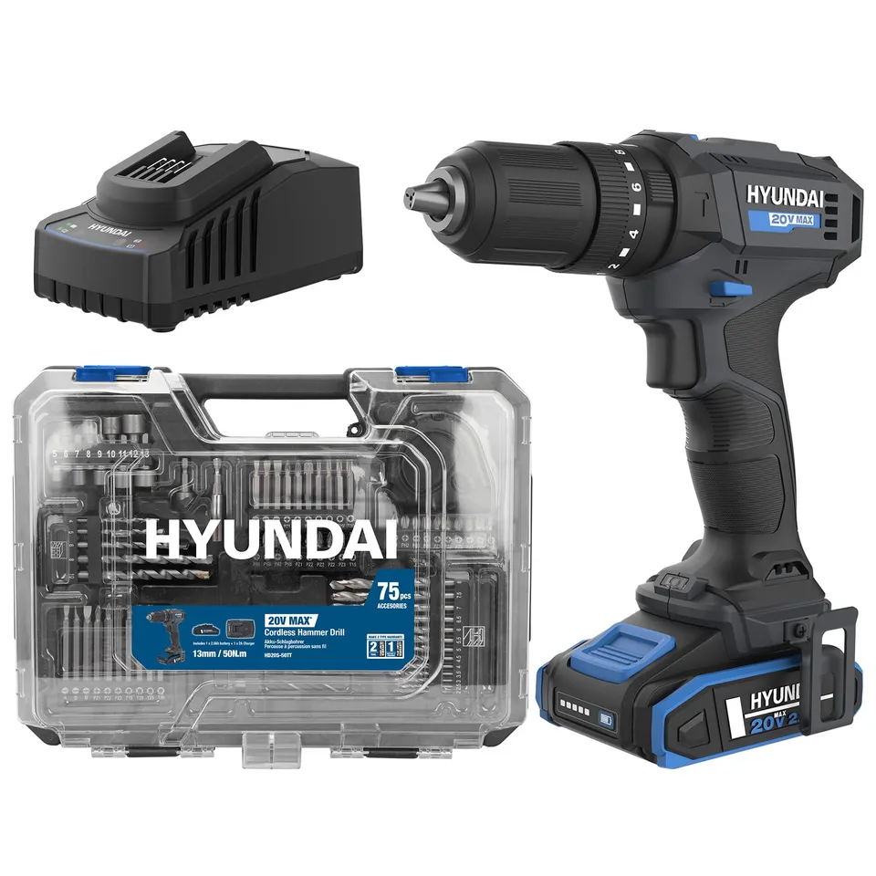 Hyundai Power Tools Perceuse visseuse percussion 20V 50Nm + kit 75