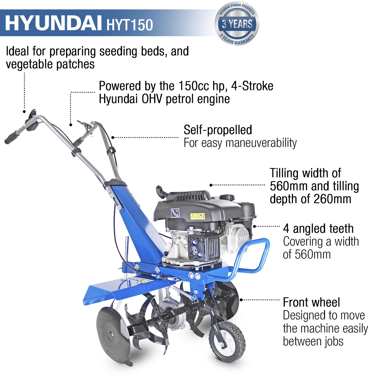 Hyundai HYT150 motoculteur essence 150cc 560mm 2,7kW