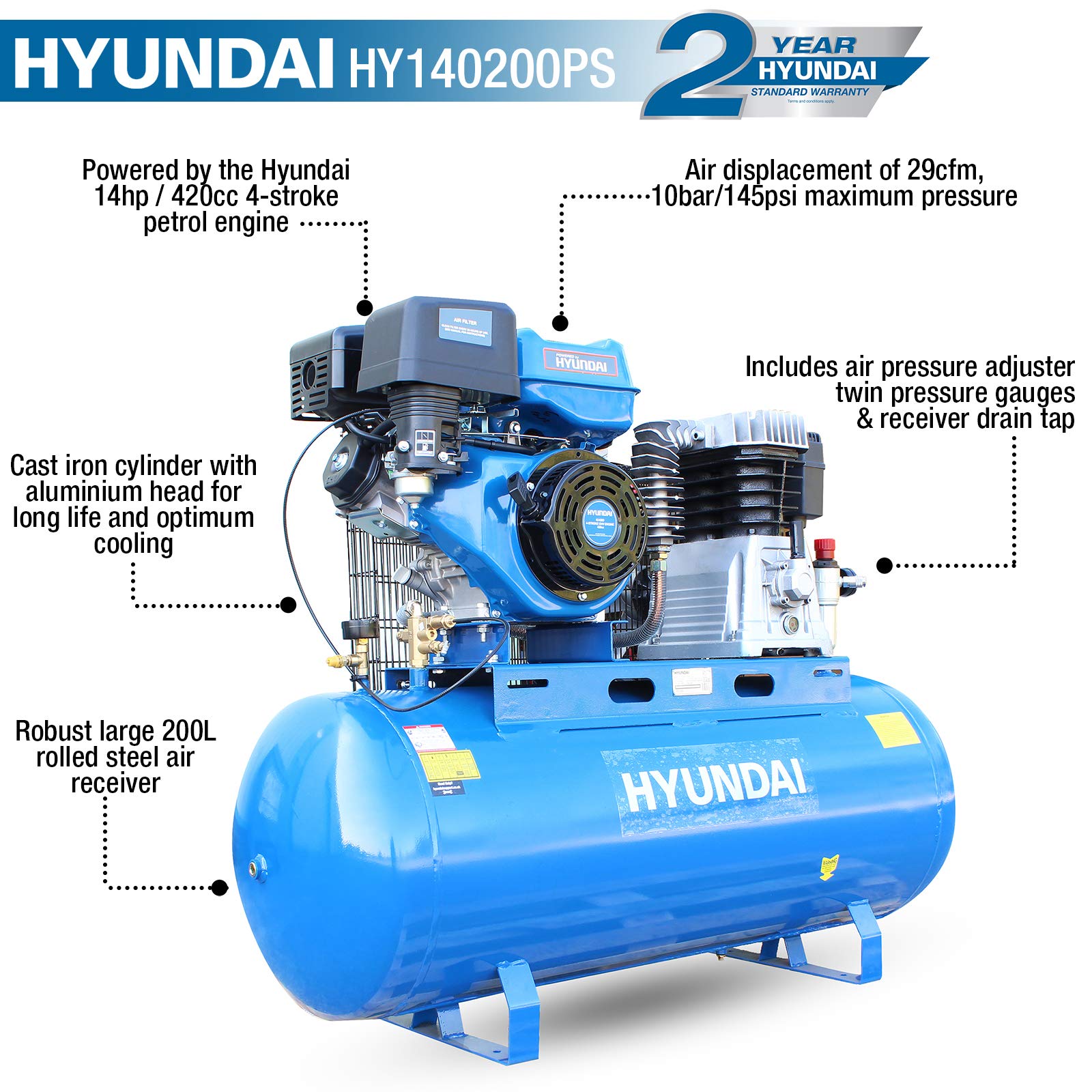 Hyundai HY140200PES compresseur air essence 200L 14CV